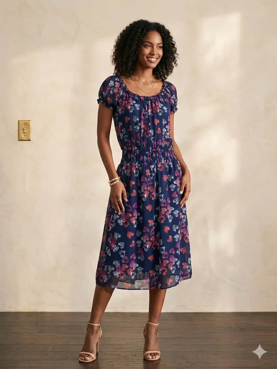 Vestido midi azul con estampado de corazones