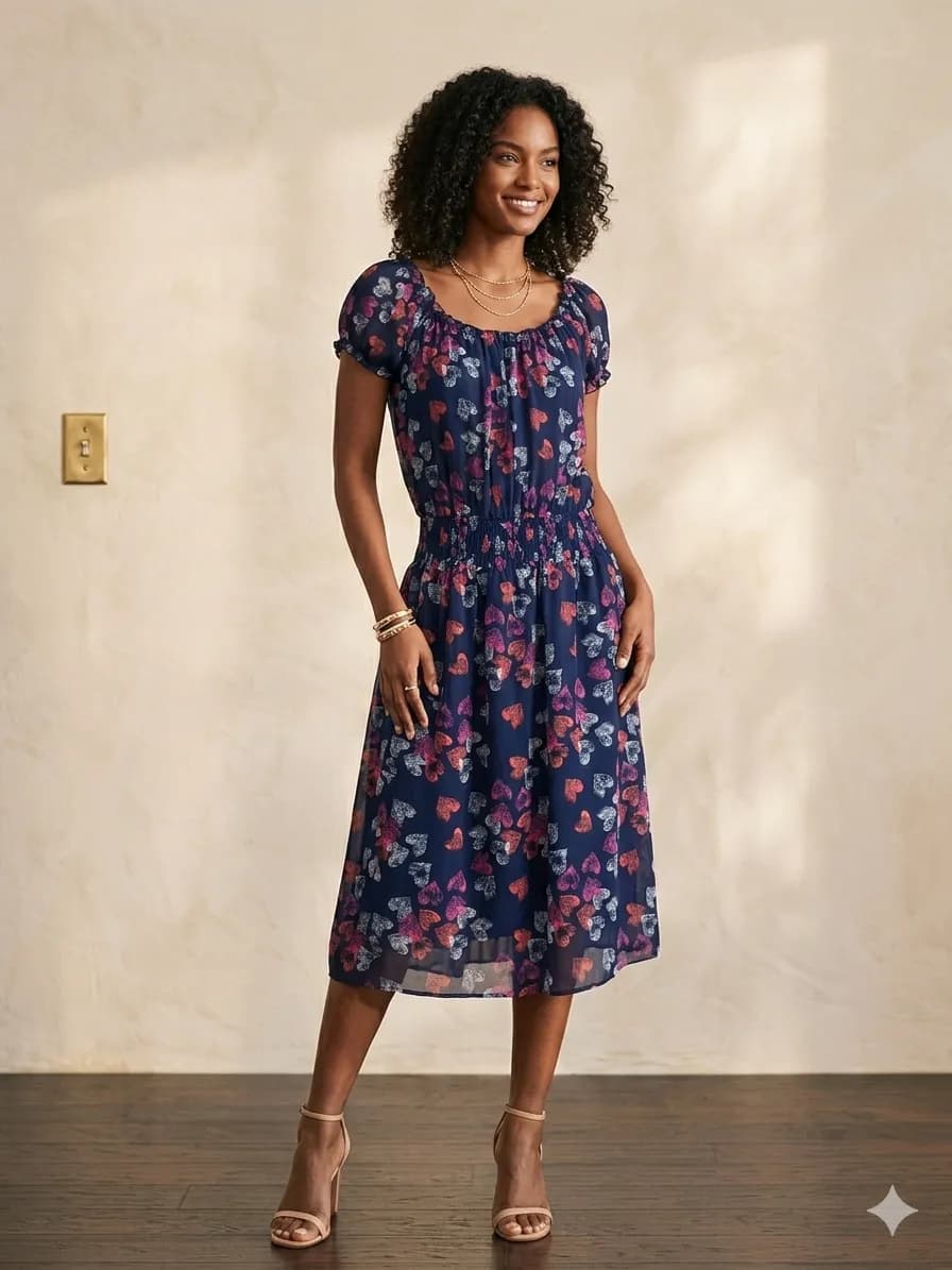 Vestido midi azul con estampado de corazones