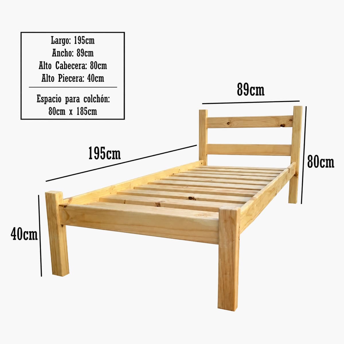 Cama de madera individual con cabecera y piecera 1