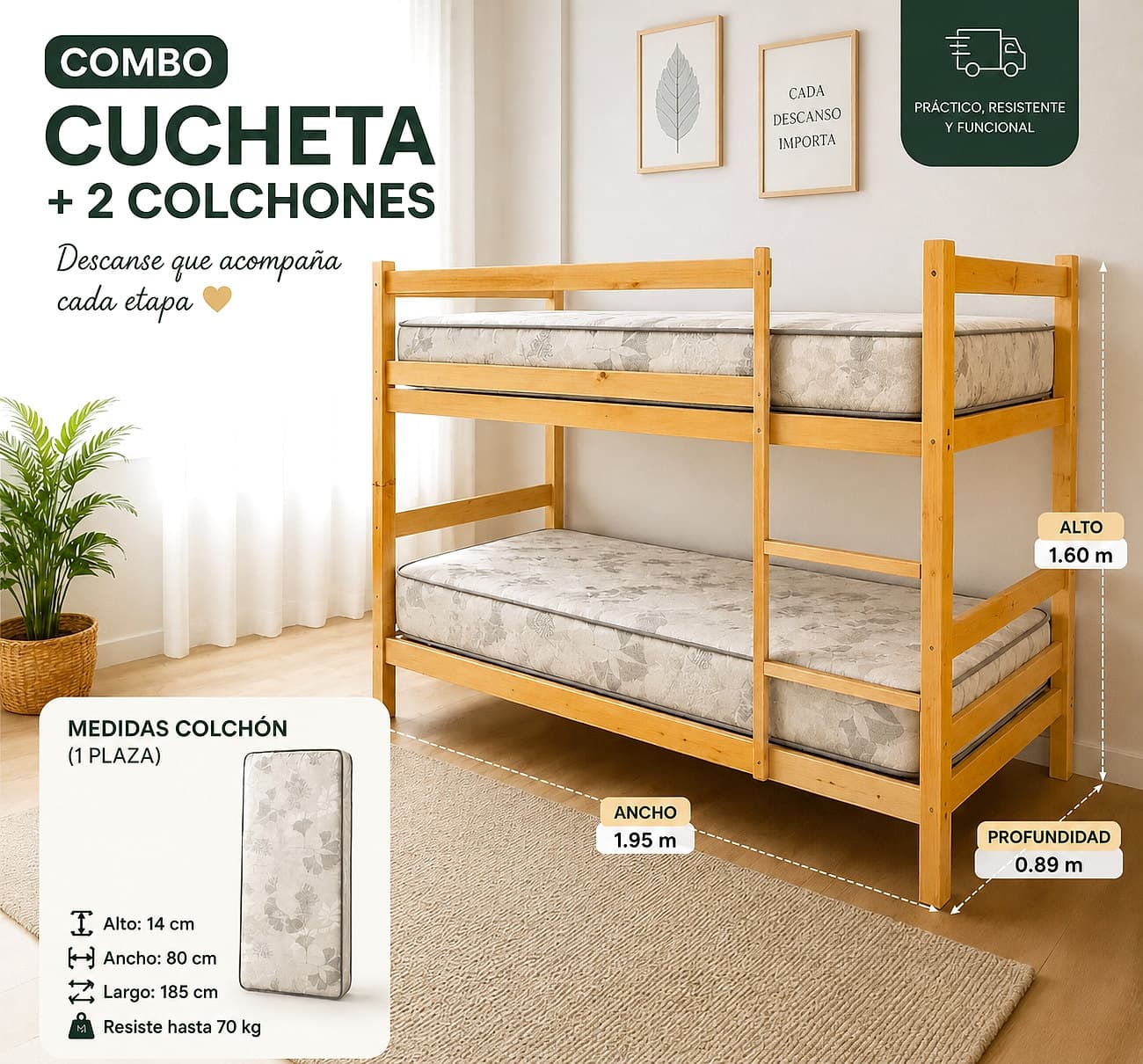 Cama cucheta de madera + 2 colchones 1