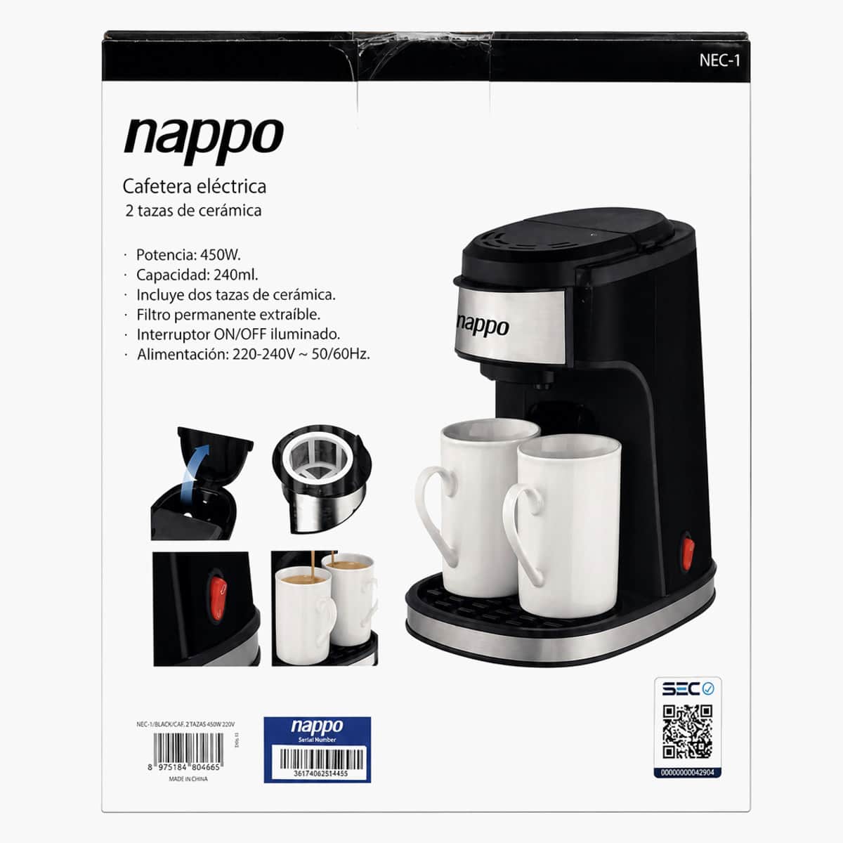 Cafetera Eléctrica Nappo 450W con 2 Tazas de Cerámica 2