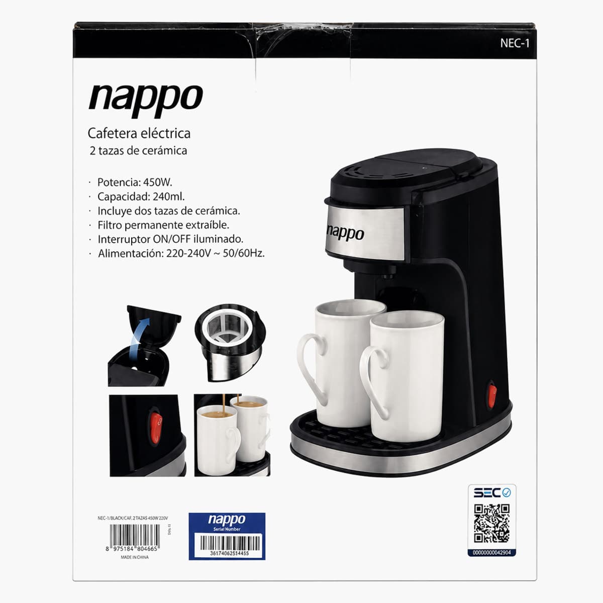 Cafetera Eléctrica Nappo 450W con 2 Tazas de Cerámica 2