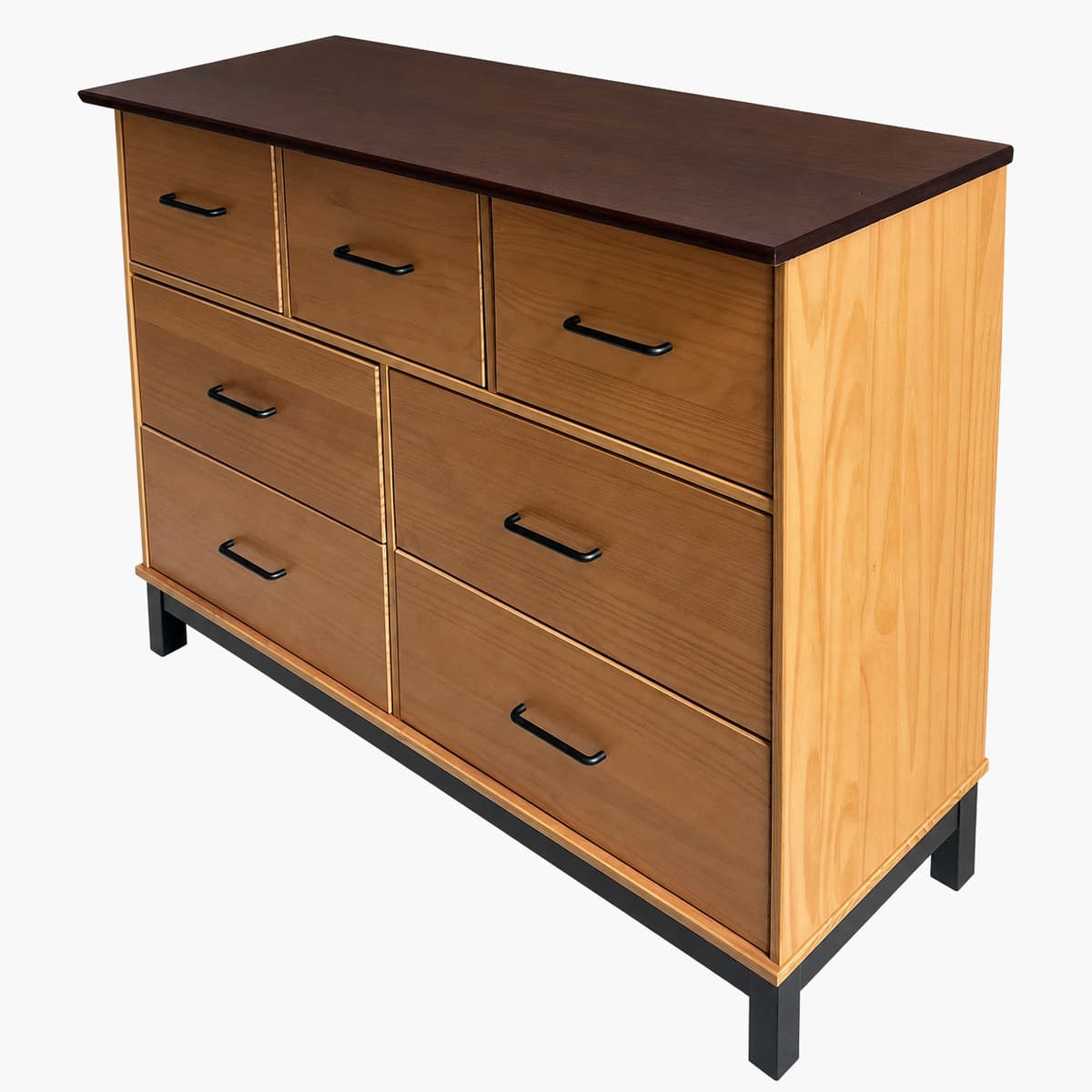 Cómoda de madera con 7 cajones y base negra 3